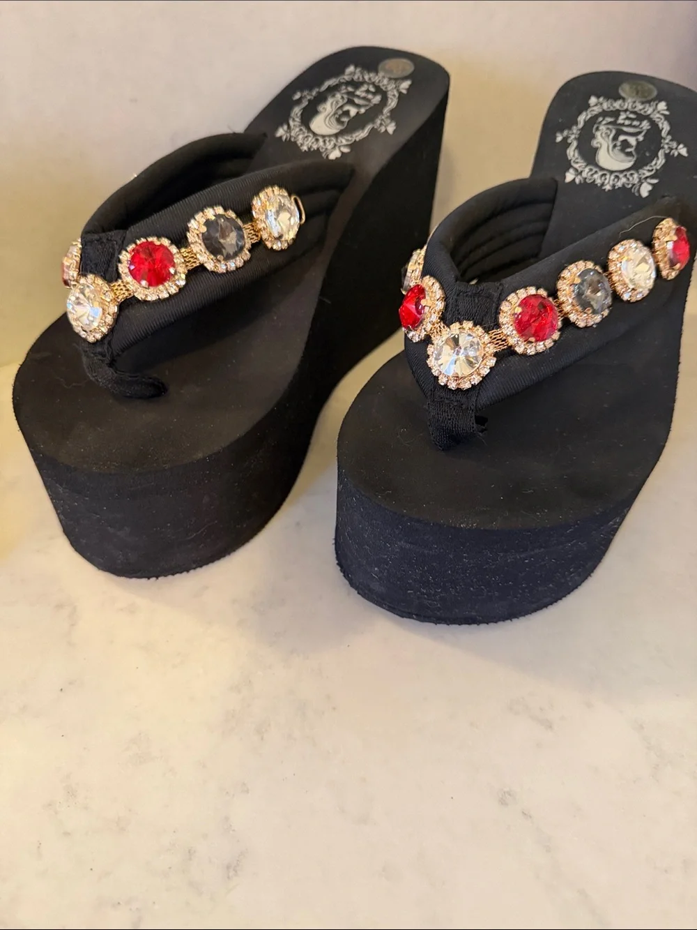Black Women's Gem-Embellished Wedge Flip Flops - 39